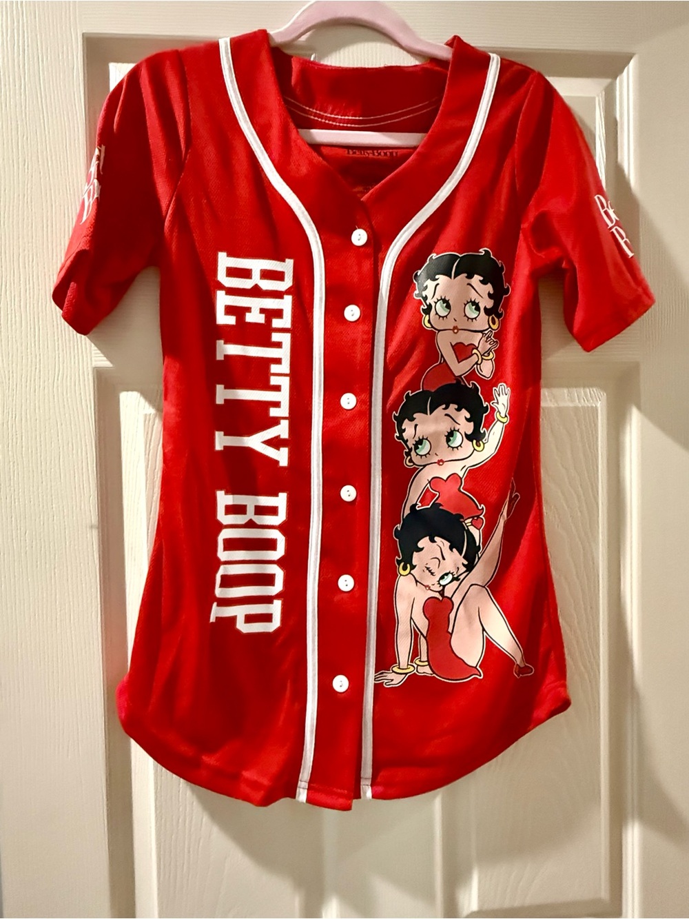 Betty Boop Bright Red Button-Front Baseball Jersey
